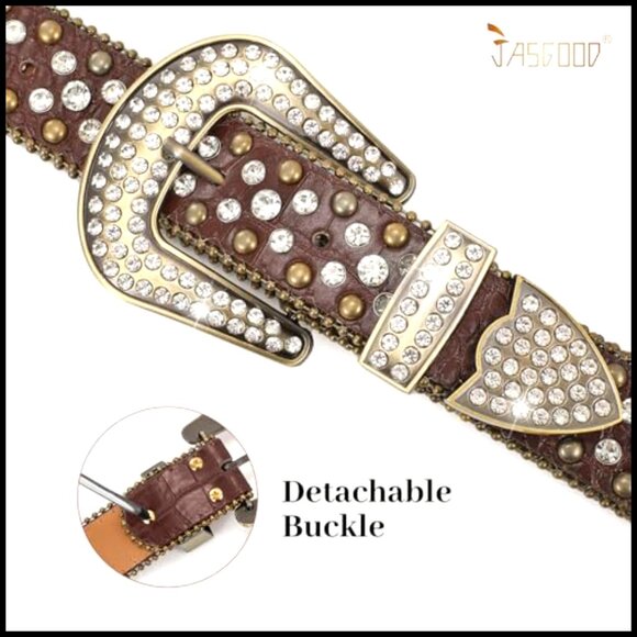 Western Rhinestone Belt Sparkling Faux Leather Adjustable Detachable Buckle
